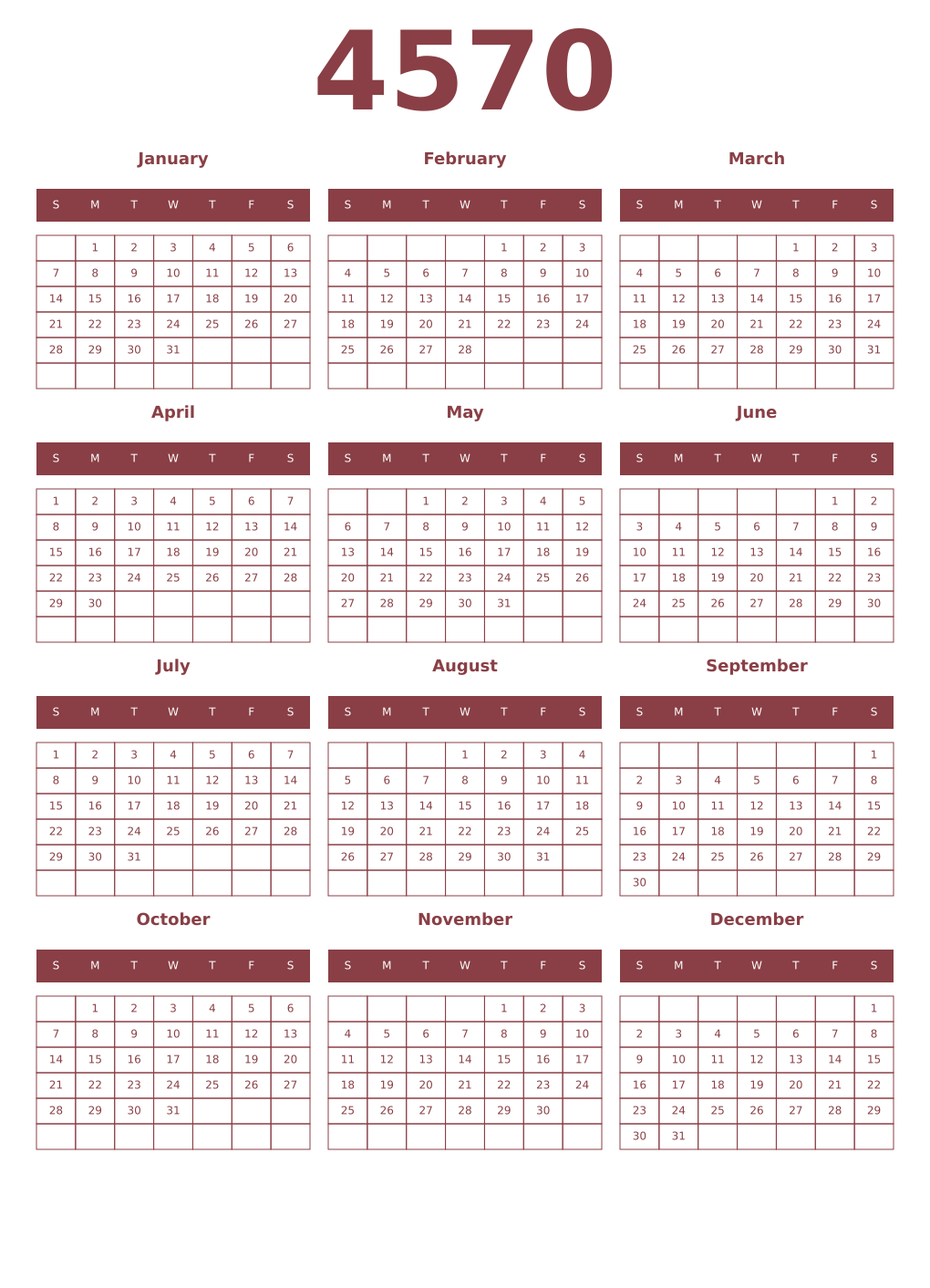 Printable 4570 Year Calendars cordovan