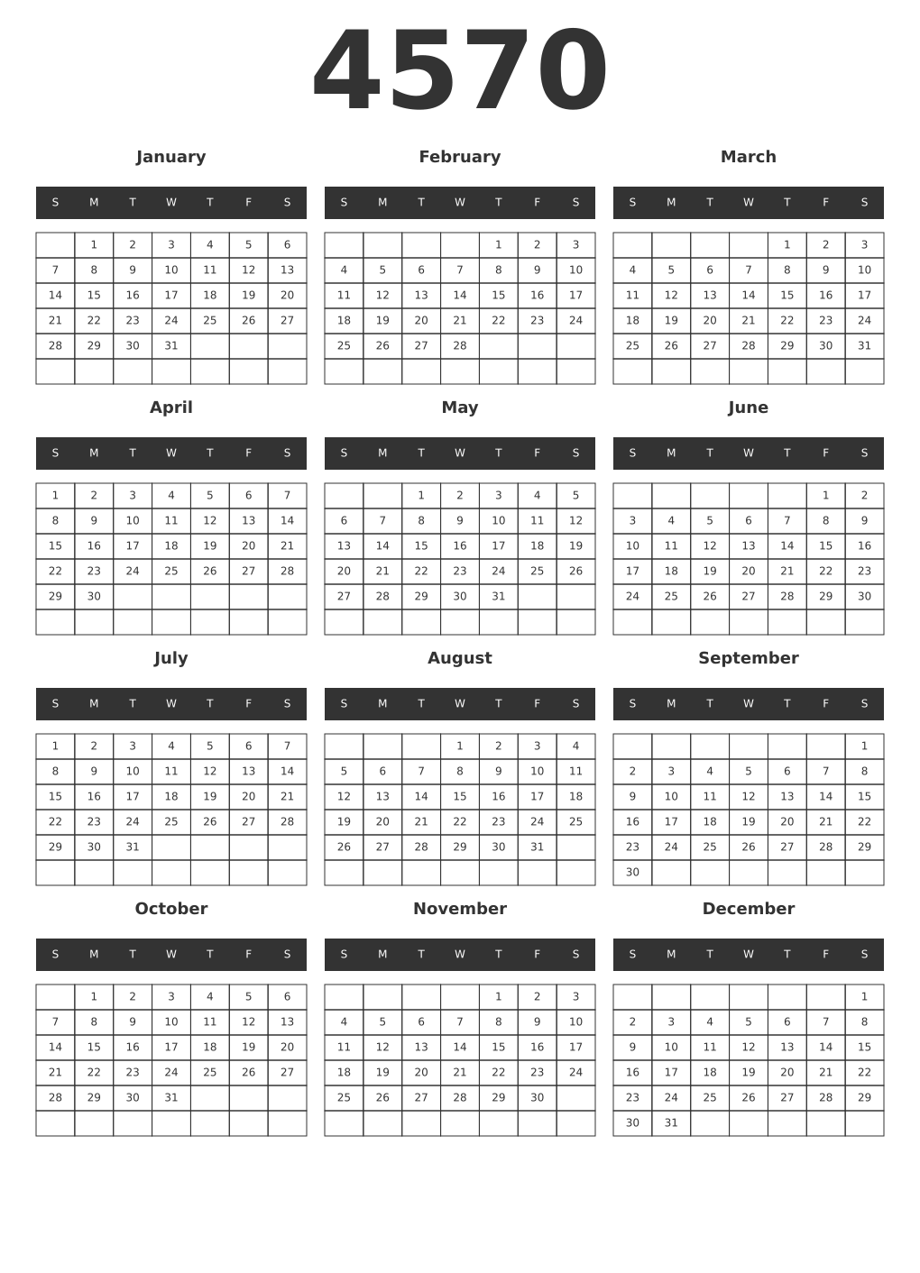Printable 4570 Year Calendars dark
