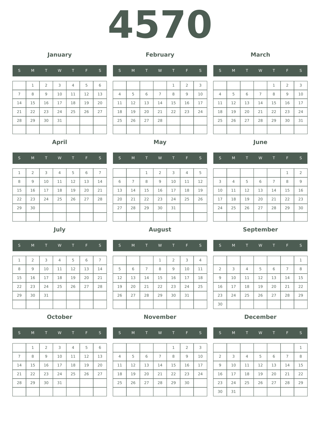Printable 4570 Year Calendars feldgrau