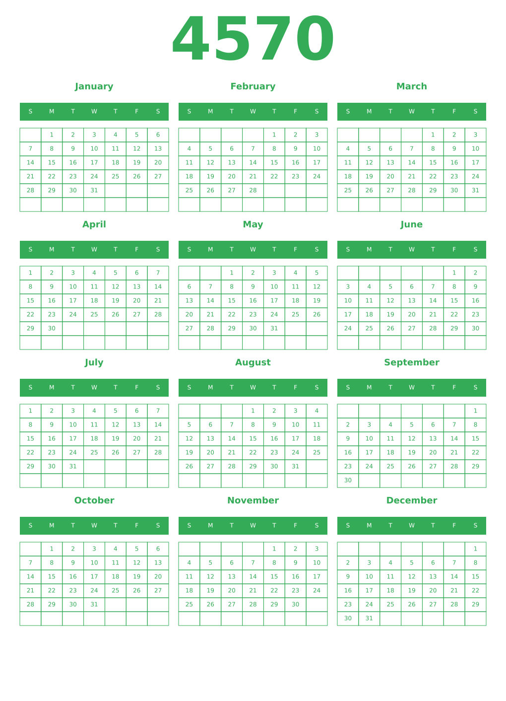 Printable 4570 Year Calendars green