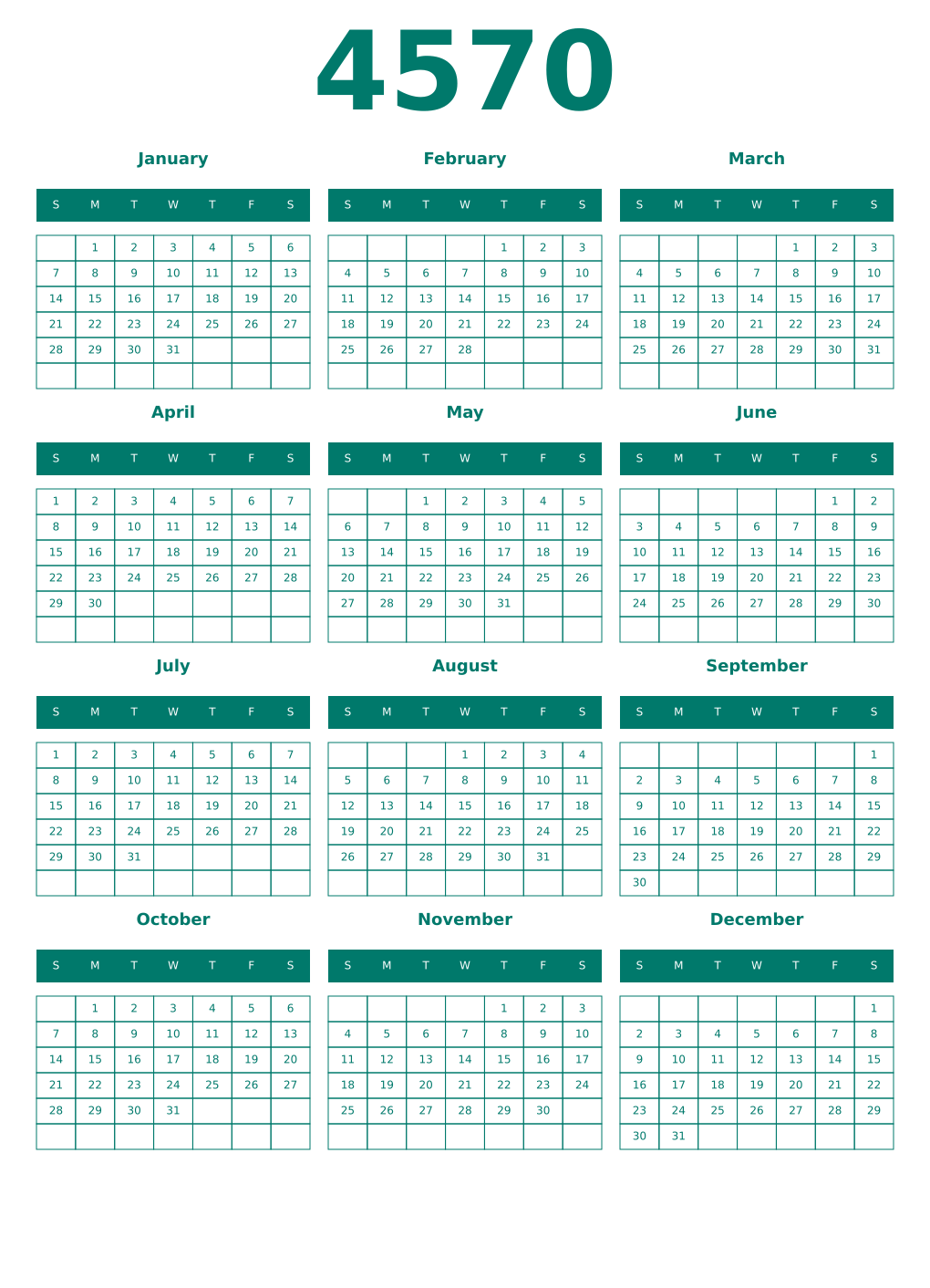 Printable 4570 Year Calendars pastel