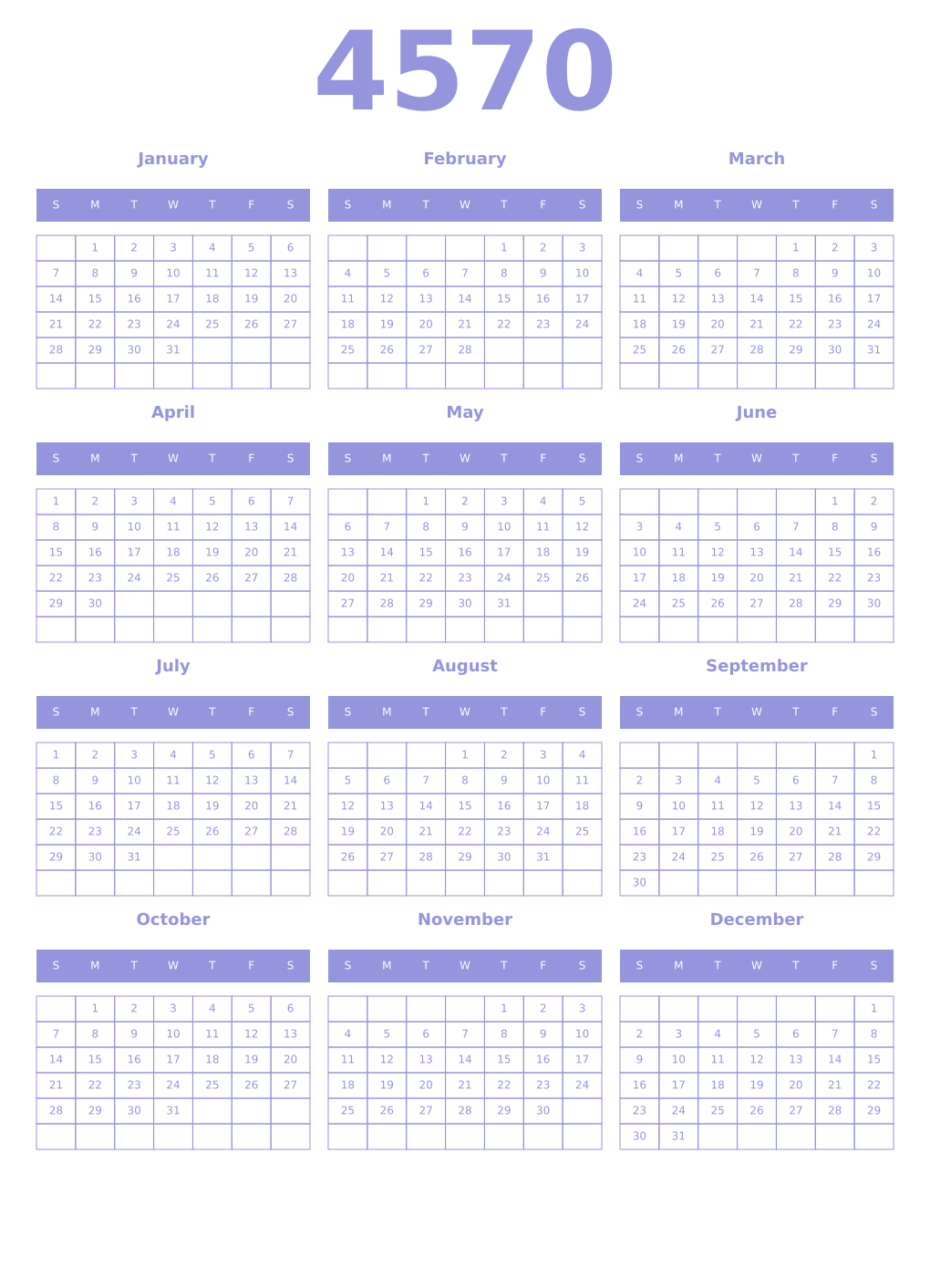 Printable 4570 Year Calendars periwinkle
