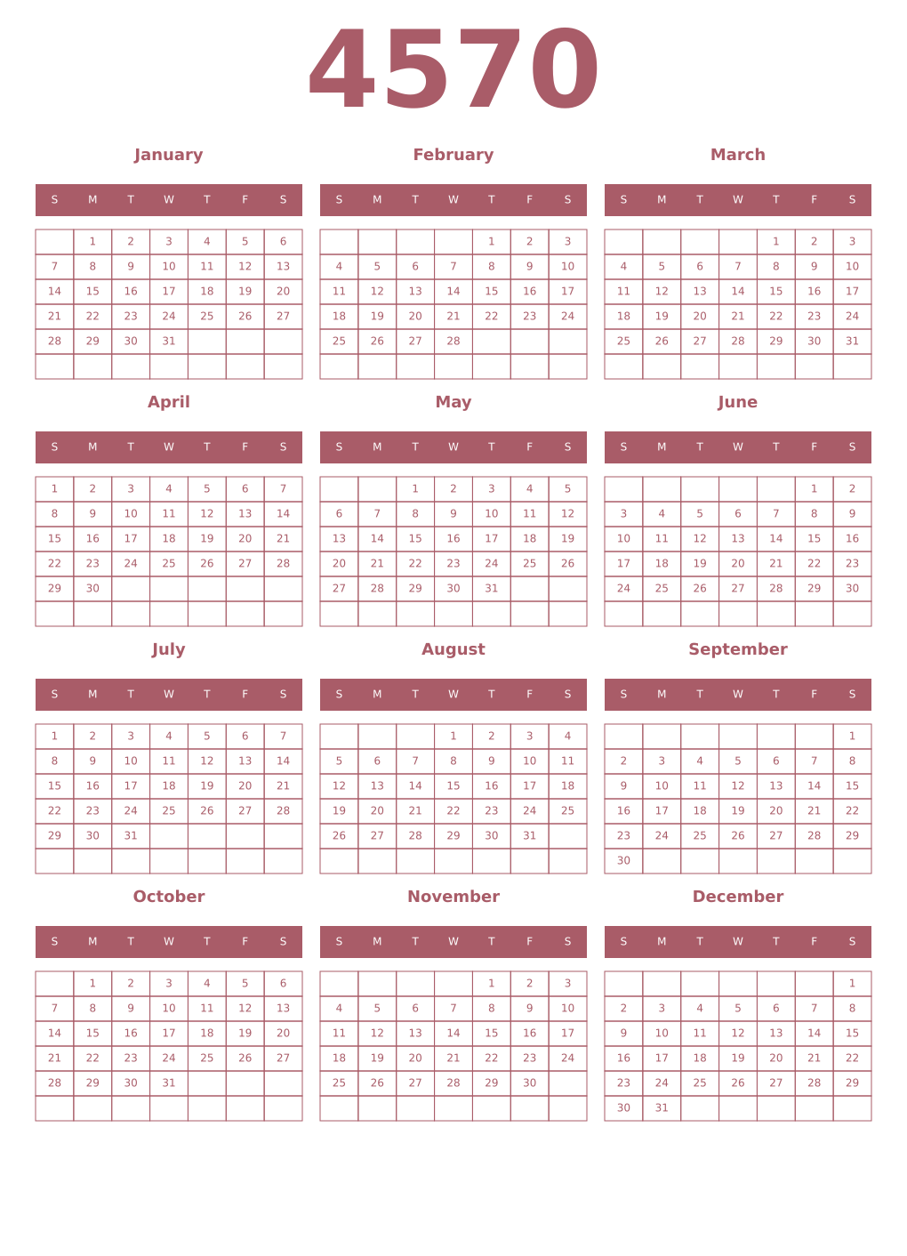 Printable 4570 Year Calendars puce
