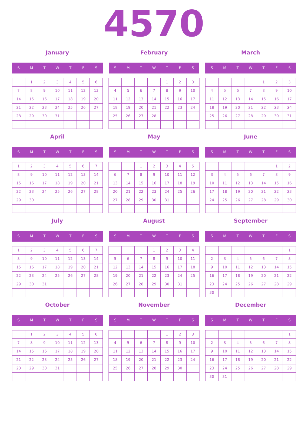 Printable 4570 Year Calendars purple