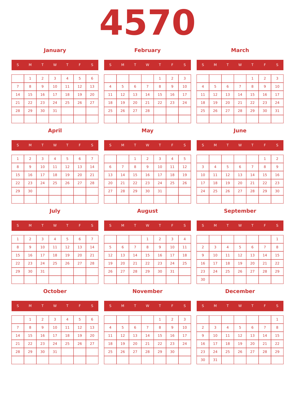 Printable 4570 Year Calendars red