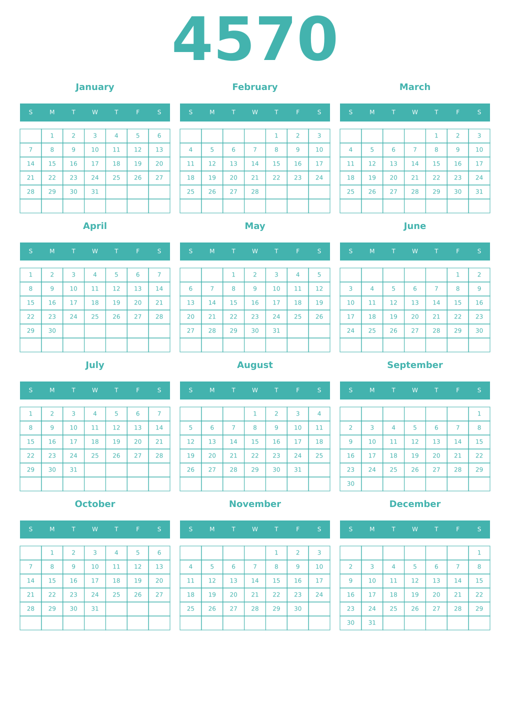 Printable 4570 Year Calendars verdigris