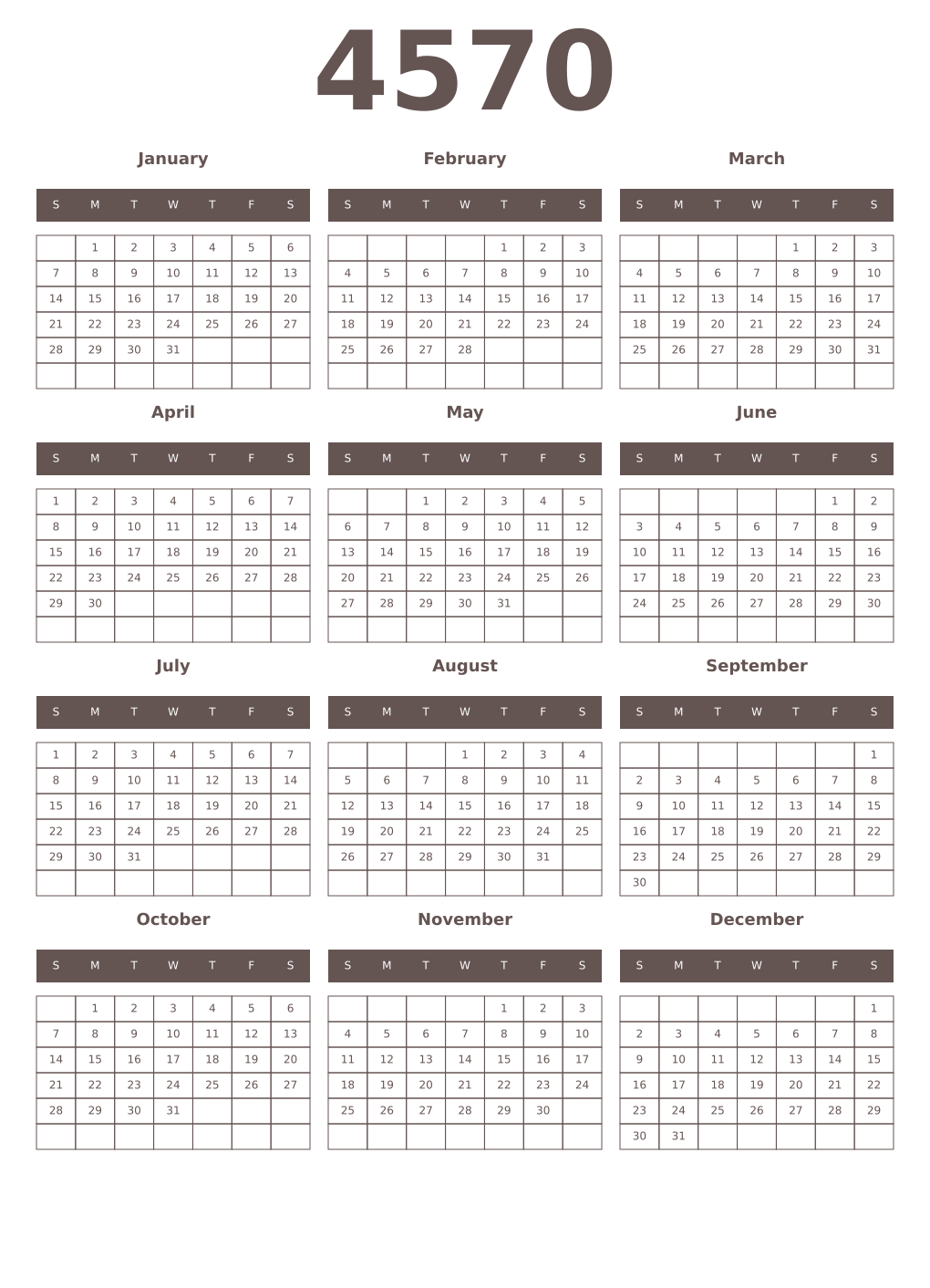 Printable 4570 Year Calendars wenge