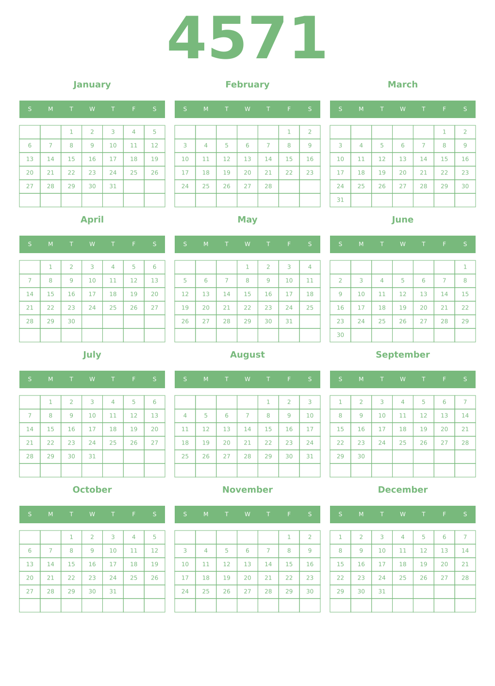 Printable 4571 Year Calendars celadon