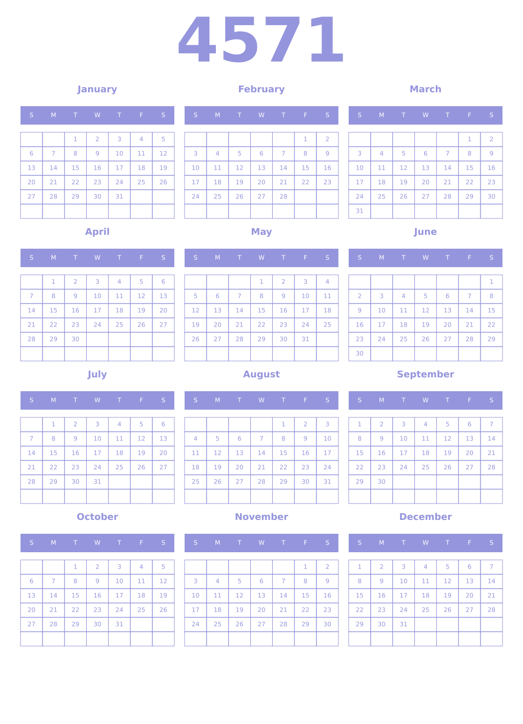 Printable 4571 Year Calendars periwinkle