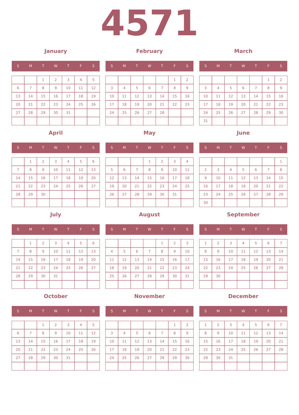 Printable 4571 Year Calendars puce