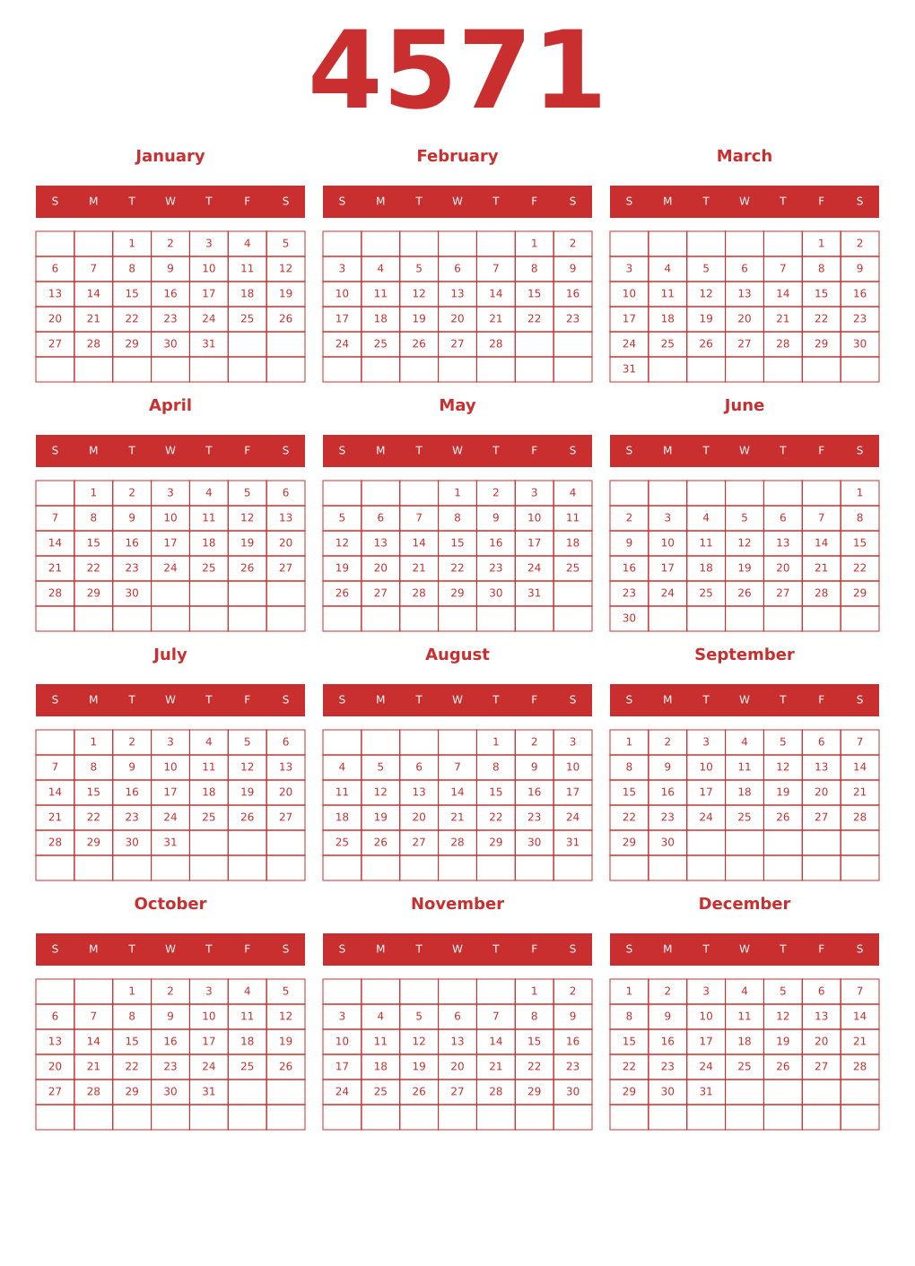 Printable 4571 Year Calendars red