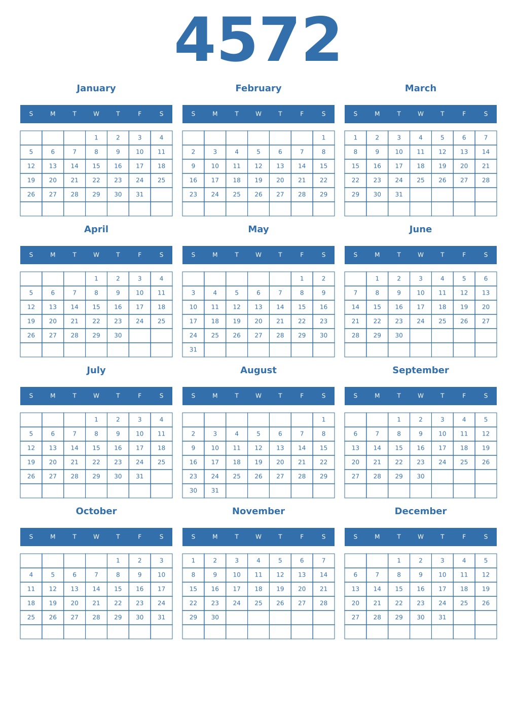 Printable 4572 Year Calendars blue