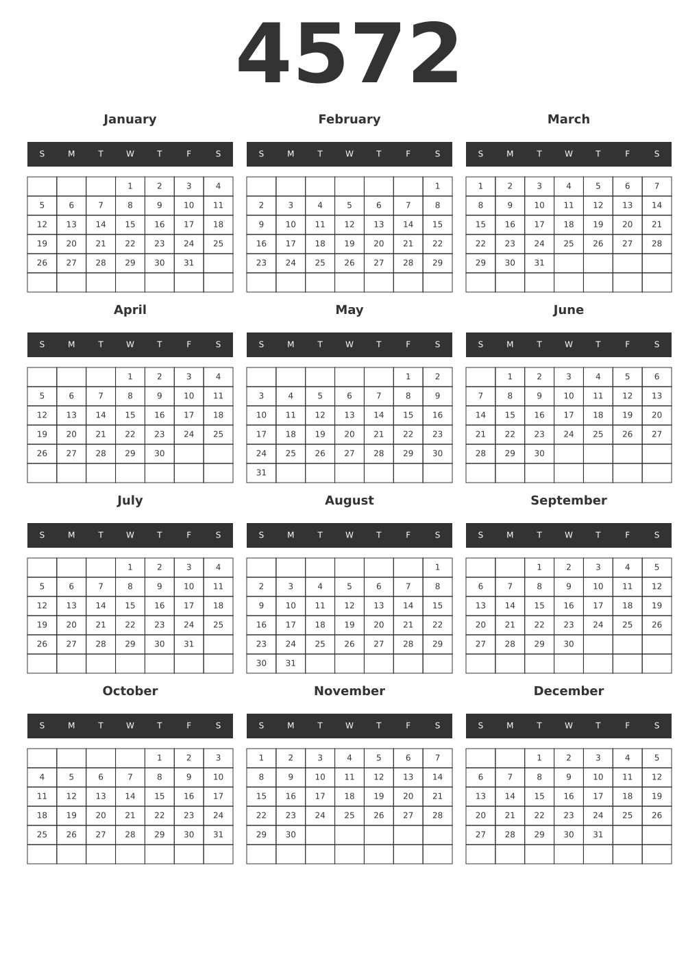 Printable 4572 Year Calendars dark