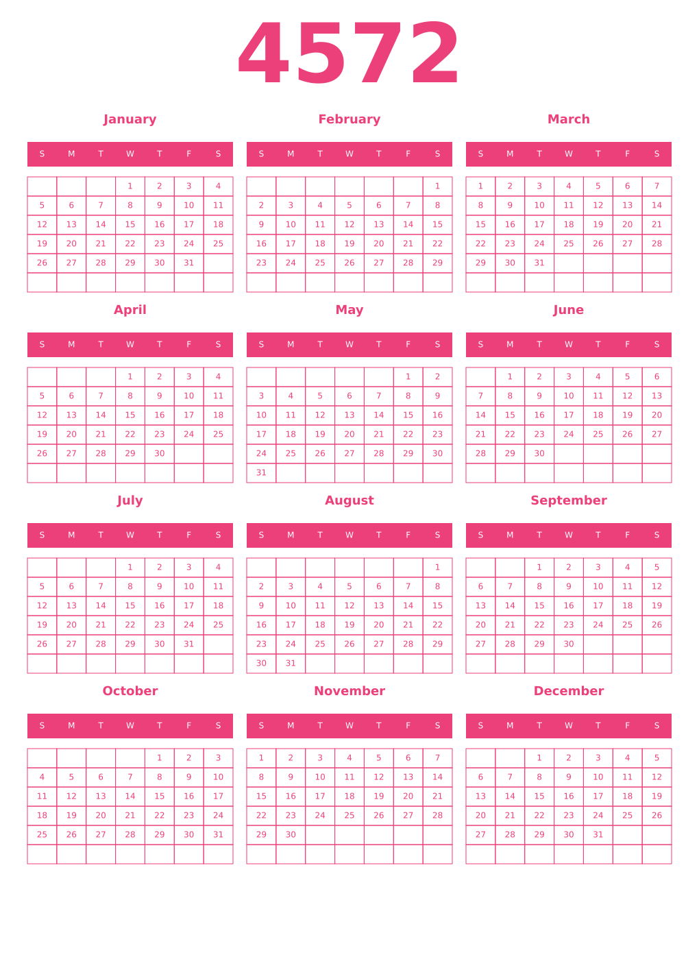 Printable 4572 Year Calendars pink