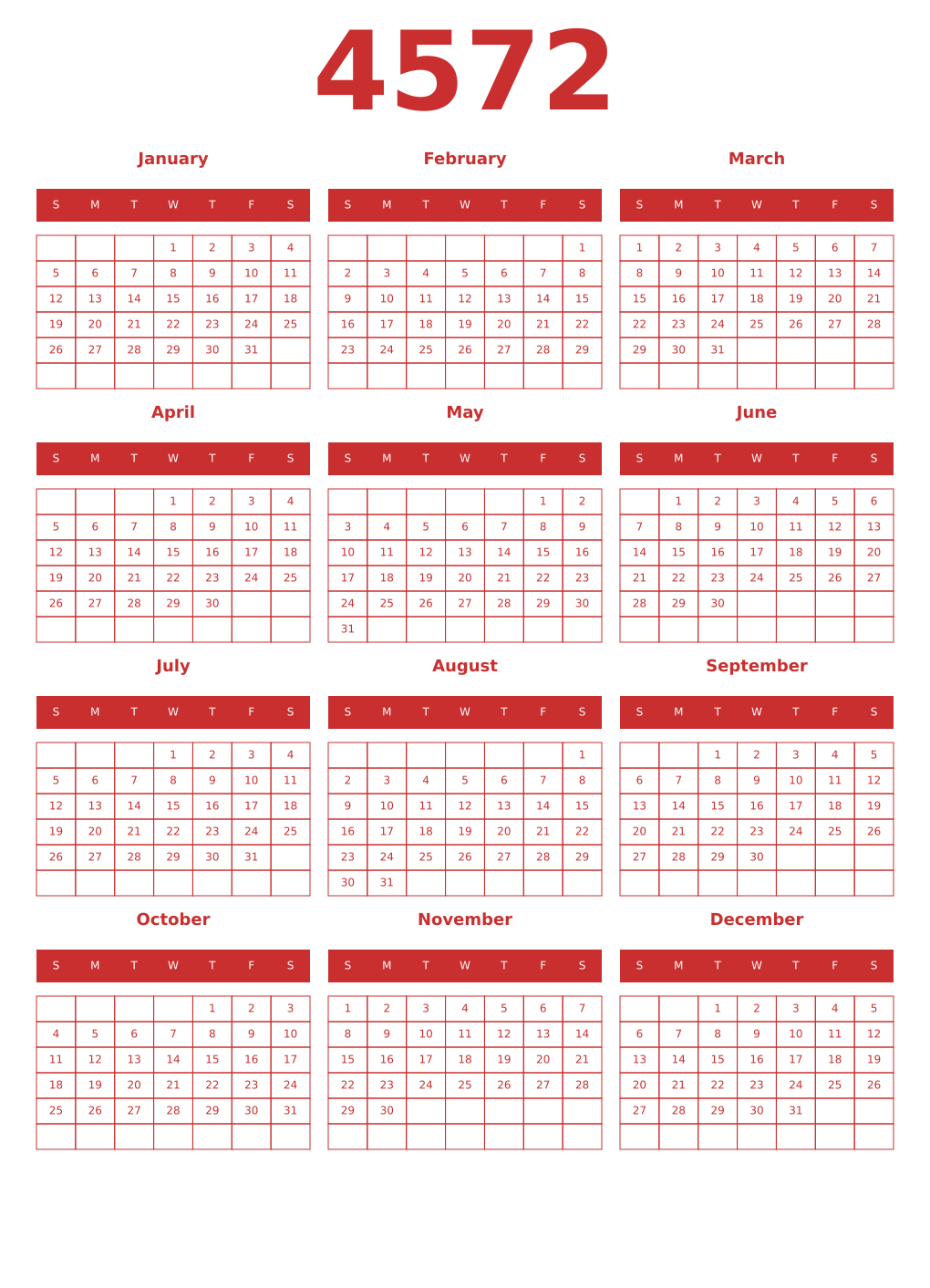 Printable 4572 Year Calendars red