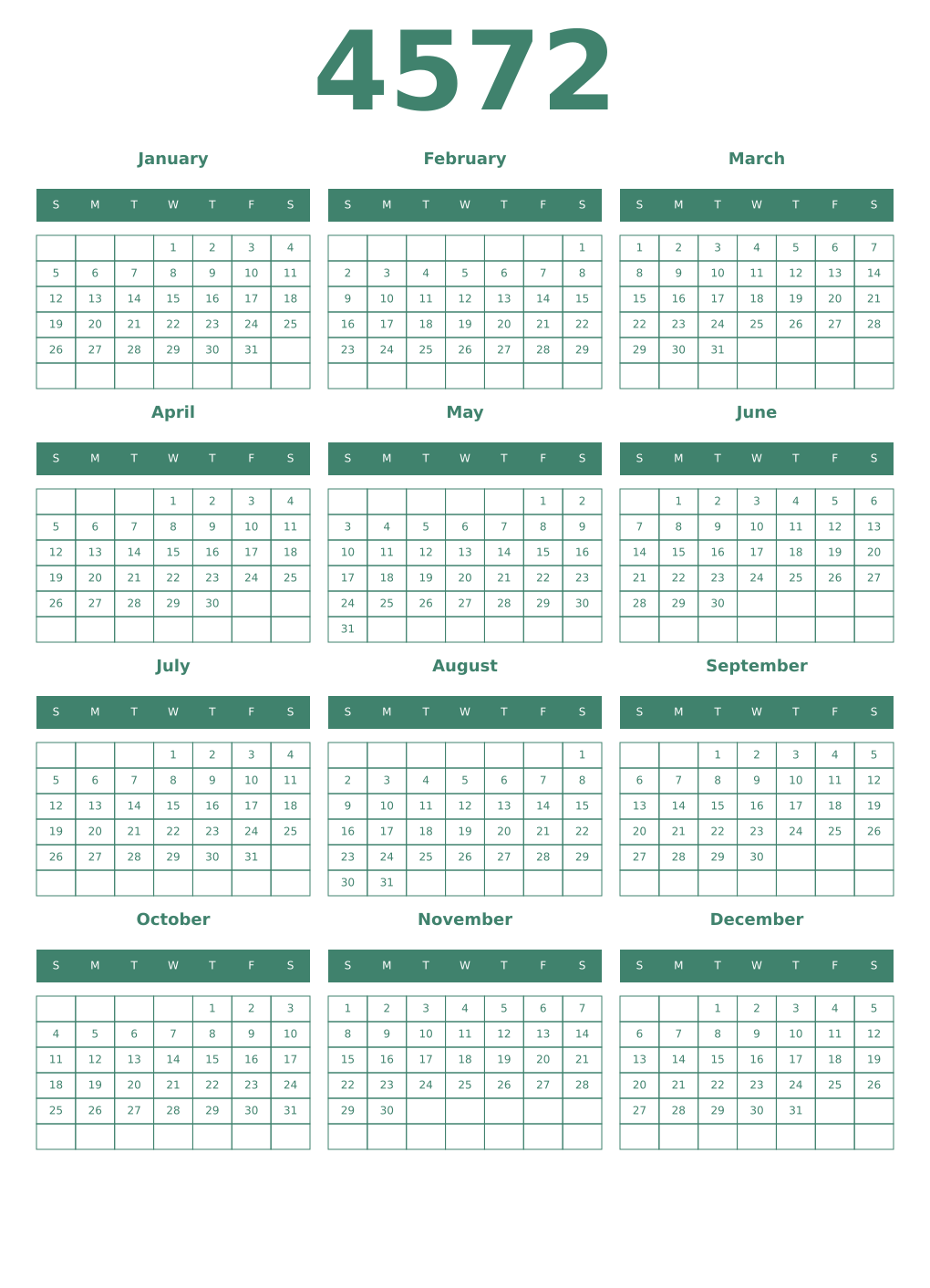 Printable 4572 Year Calendars viridian