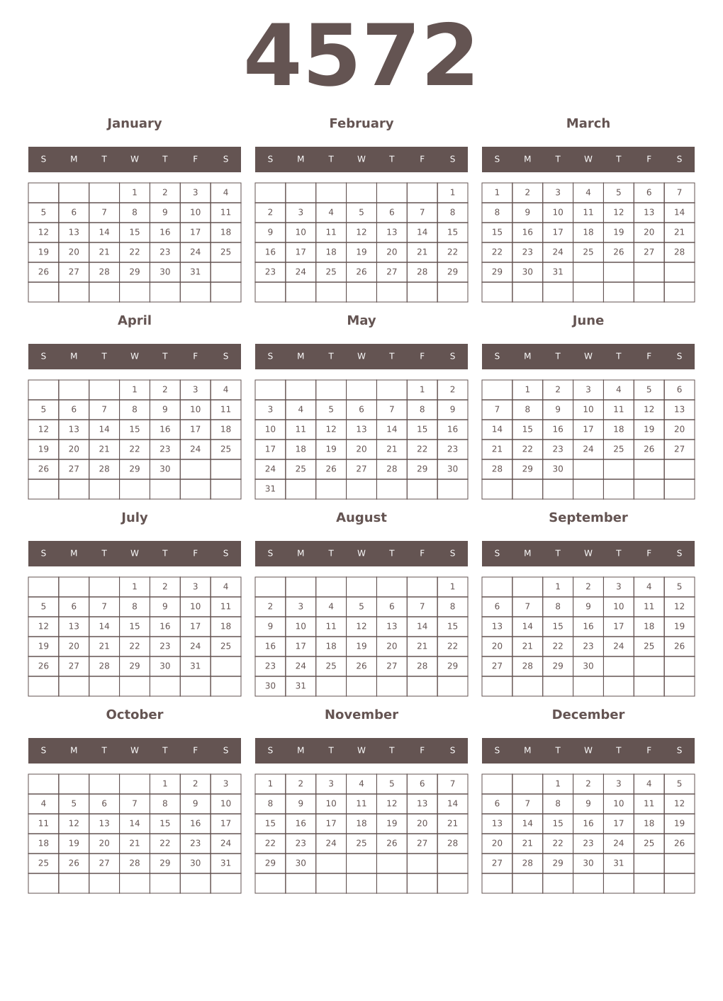 Printable 4572 Year Calendars wenge