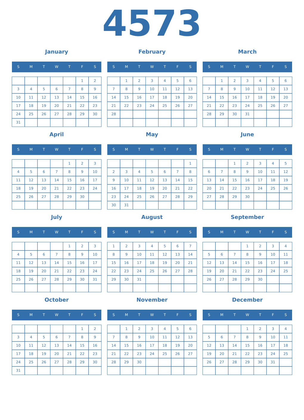 Printable 4573 Year Calendars blue