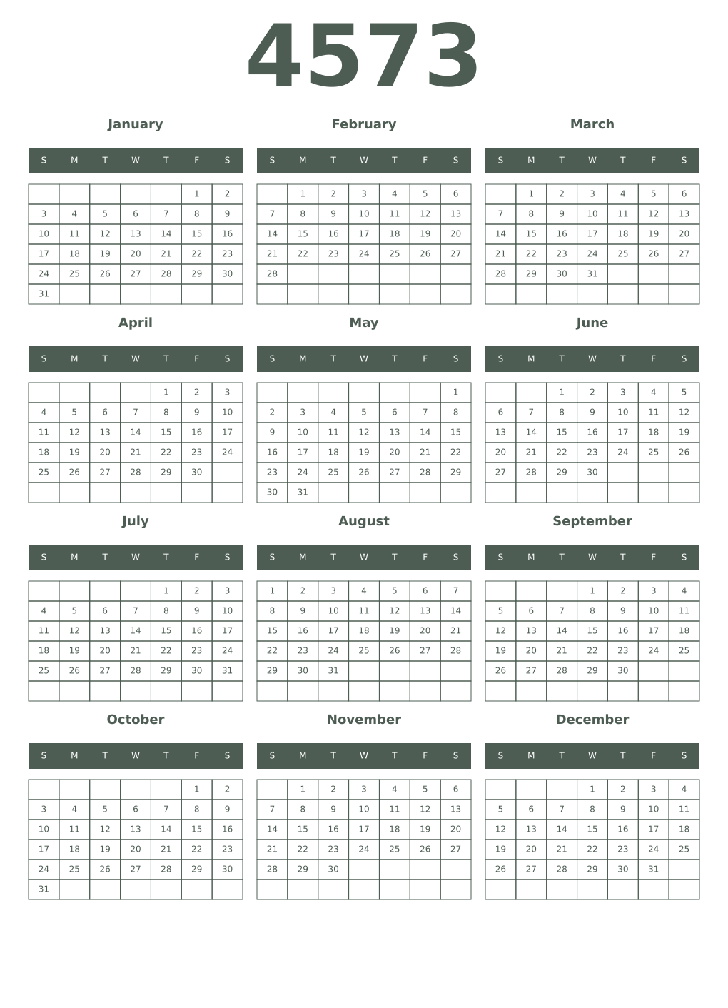 Printable 4573 Year Calendars feldgrau