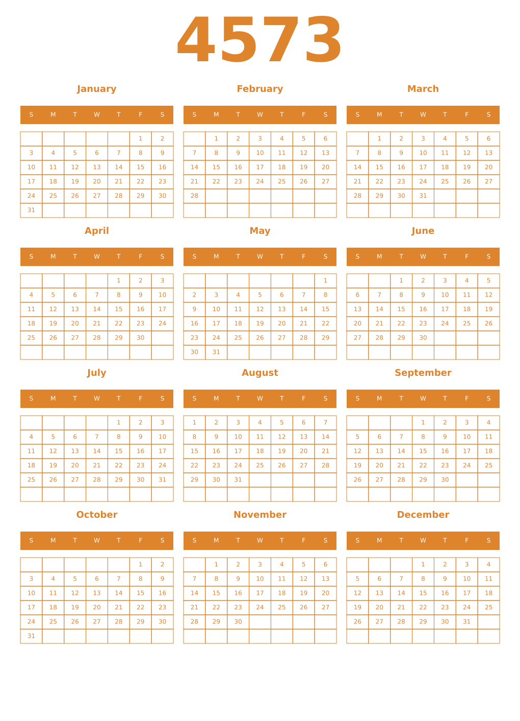 Printable 4573 Year Calendars orange