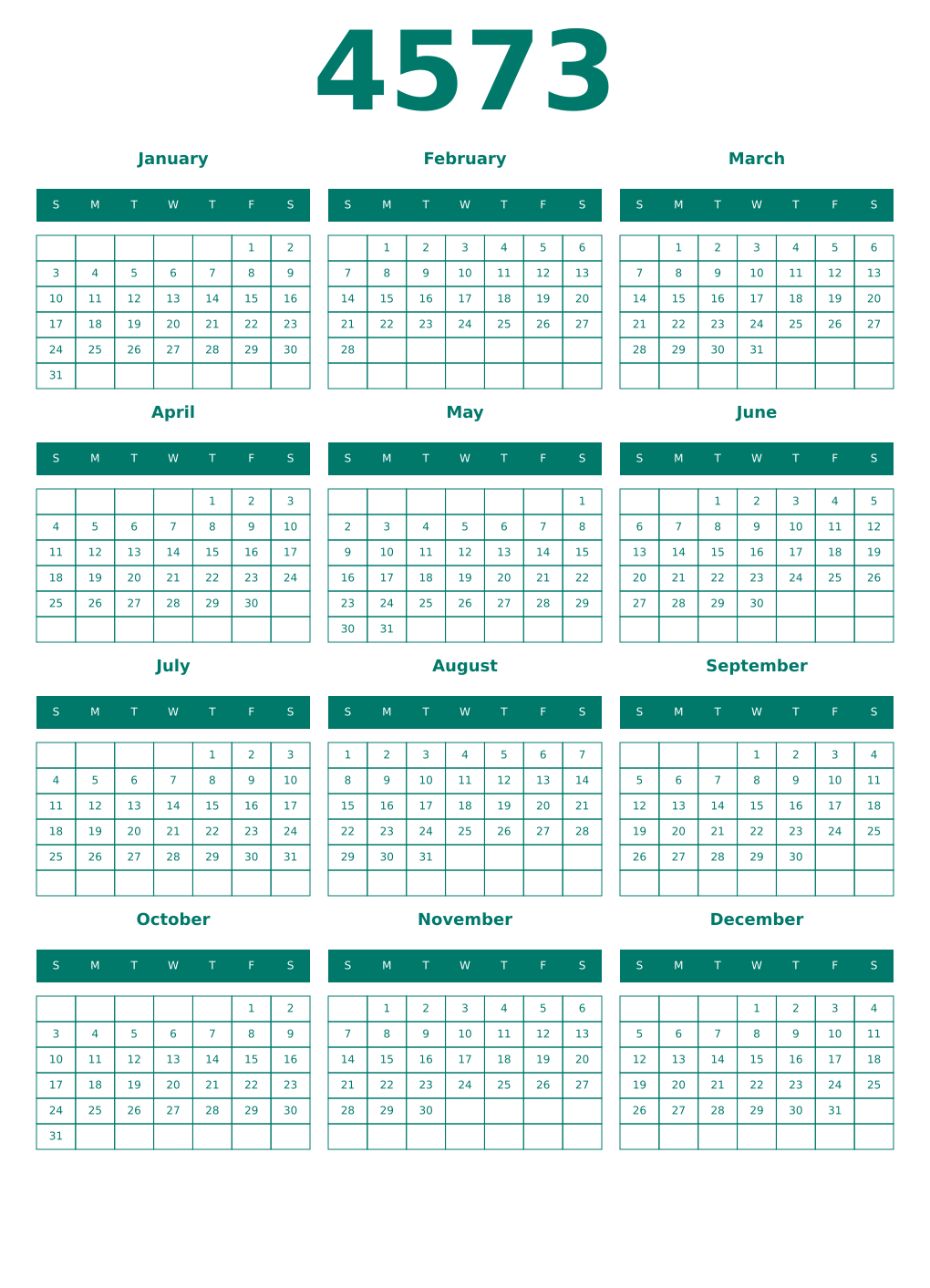 Printable 4573 Year Calendars pastel