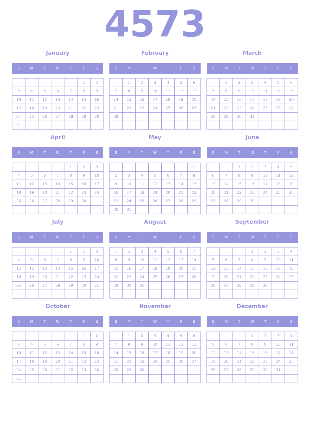 Printable 4573 Year Calendars periwinkle
