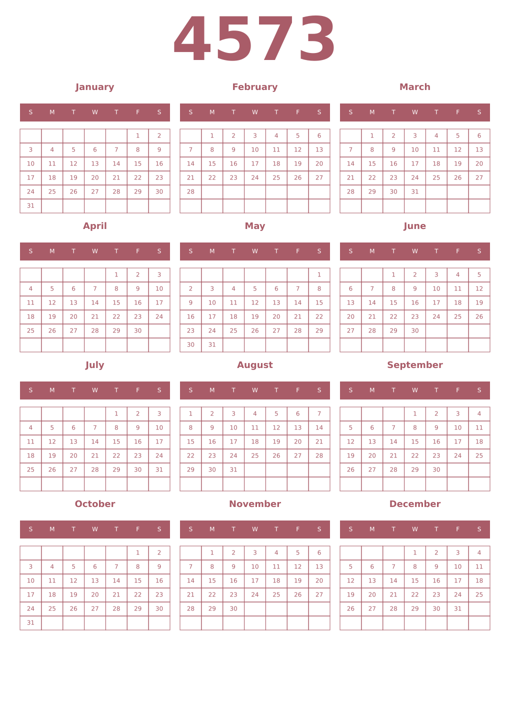 Printable 4573 Year Calendars puce