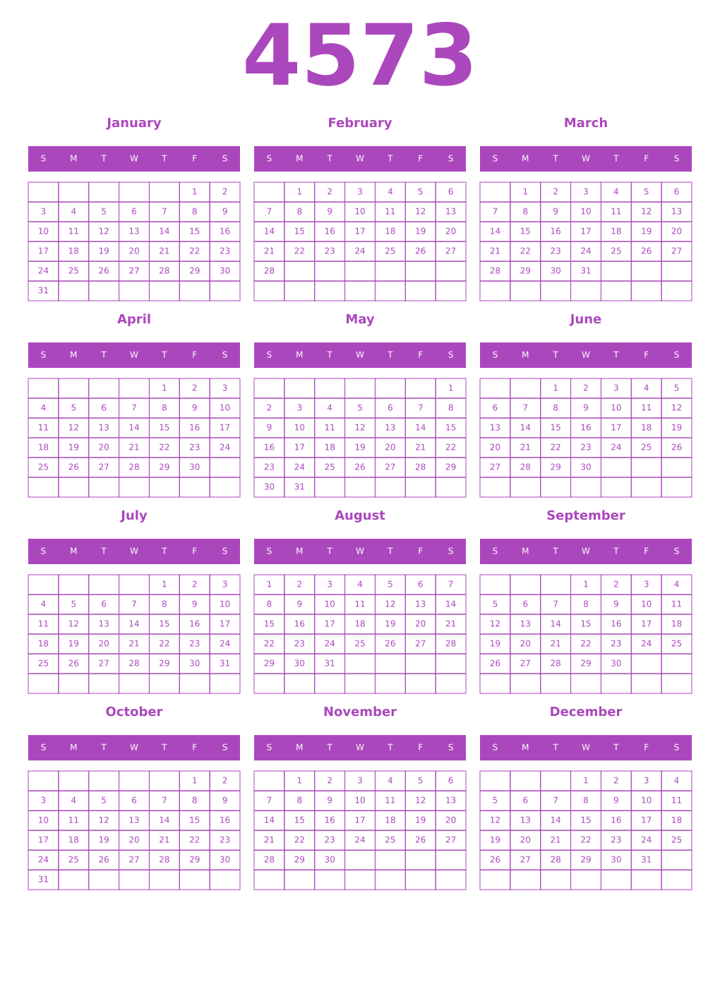 Printable 4573 Year Calendars purple