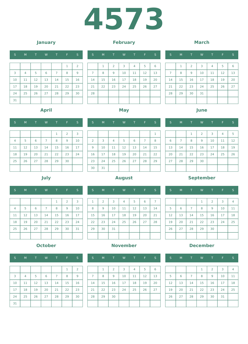Printable 4573 Year Calendars viridian