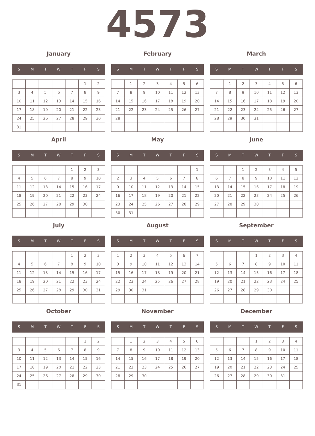 Printable 4573 Year Calendars wenge