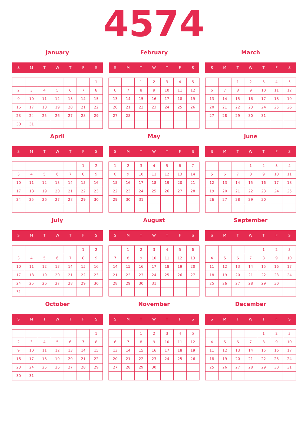 Printable 4574 Year Calendars amaranth