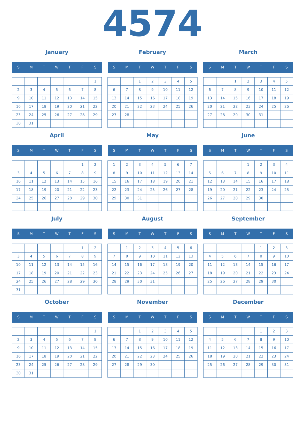 Printable 4574 Year Calendars blue