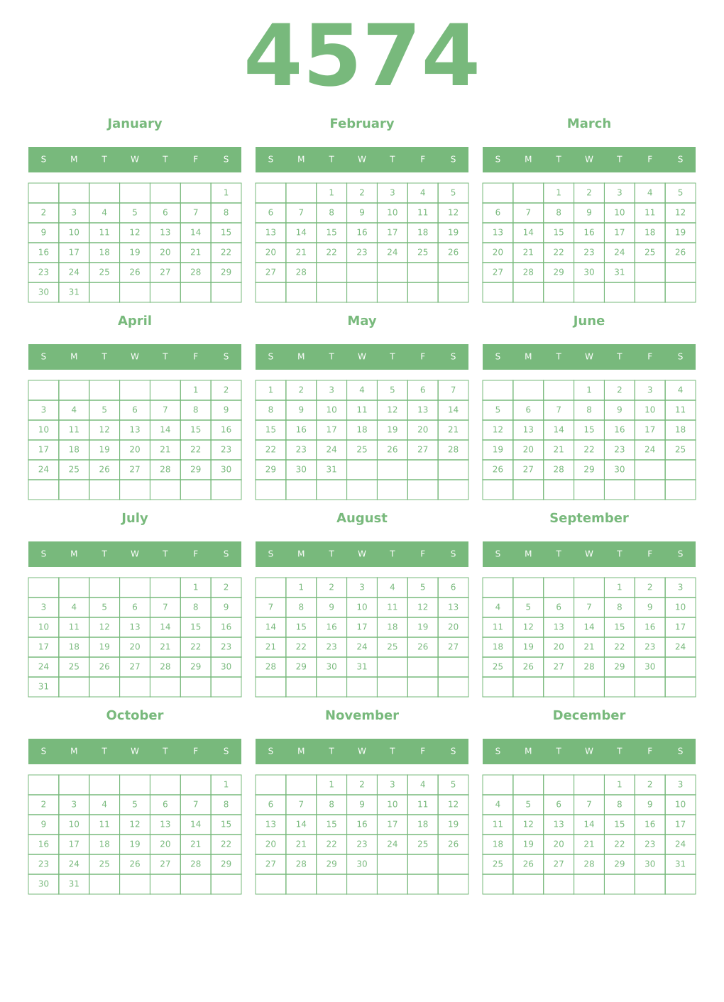 Printable 4574 Year Calendars celadon