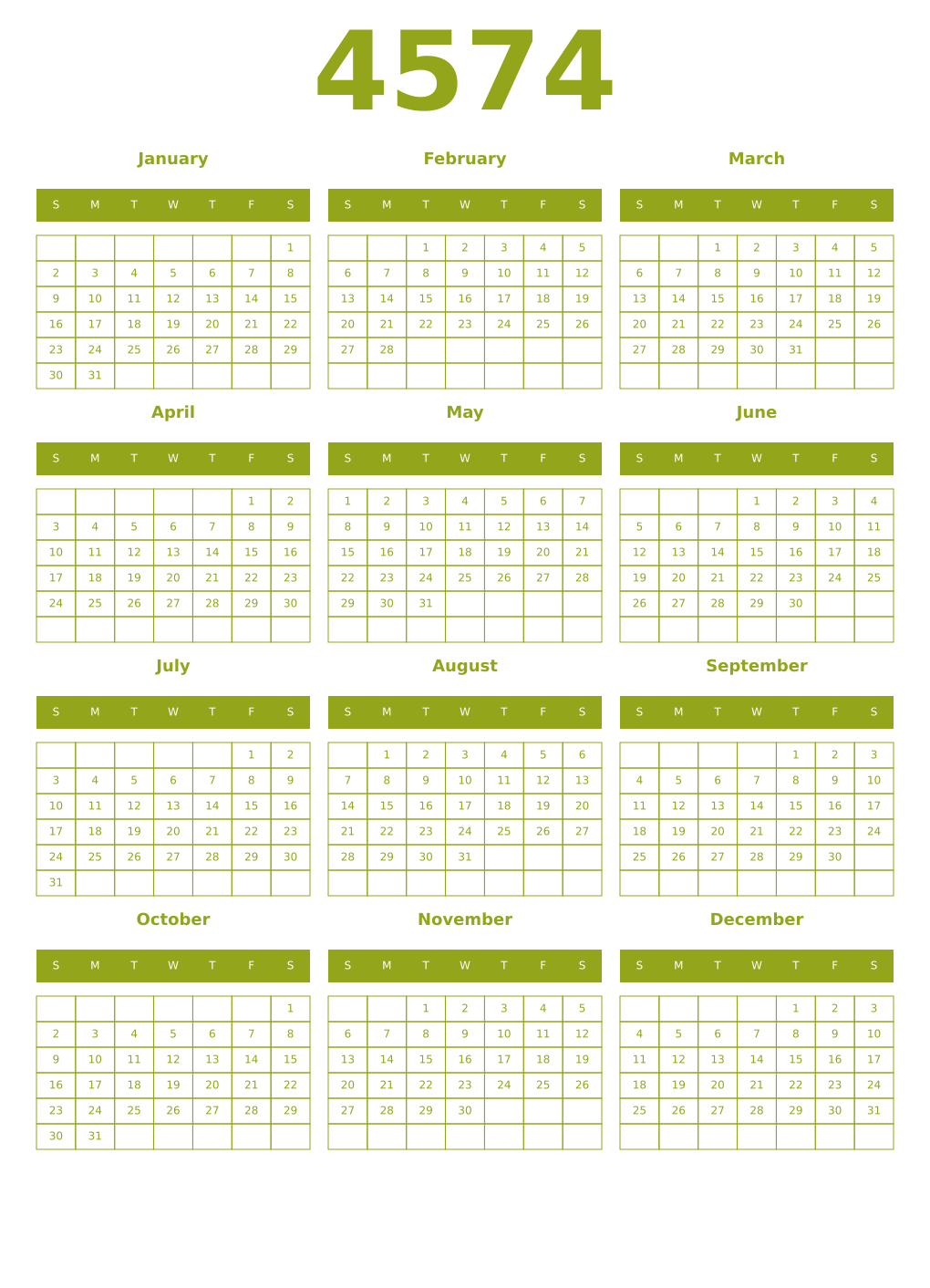 Printable 4574 Year Calendars chartreuse