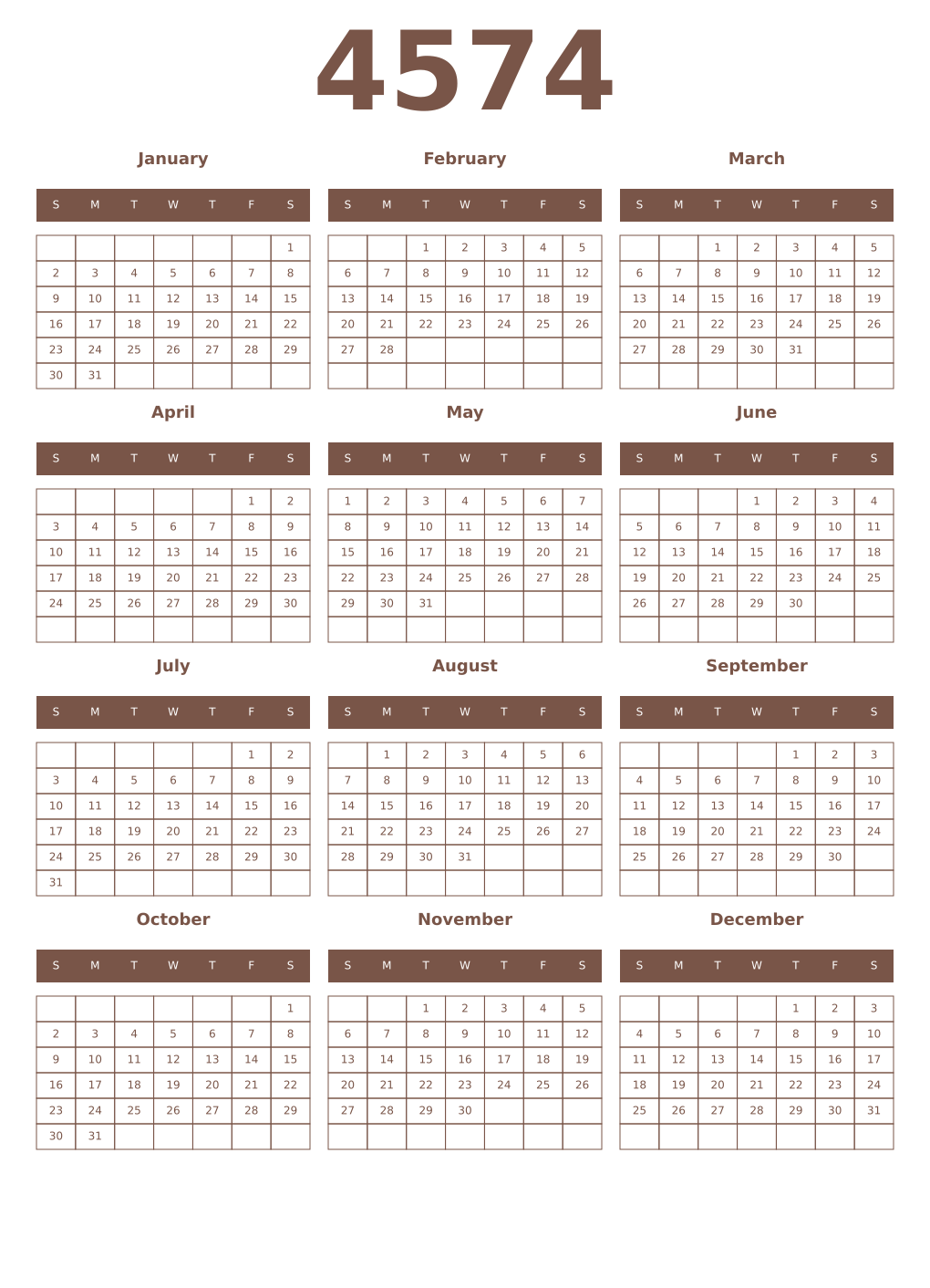 Printable 4574 Year Calendars coffe