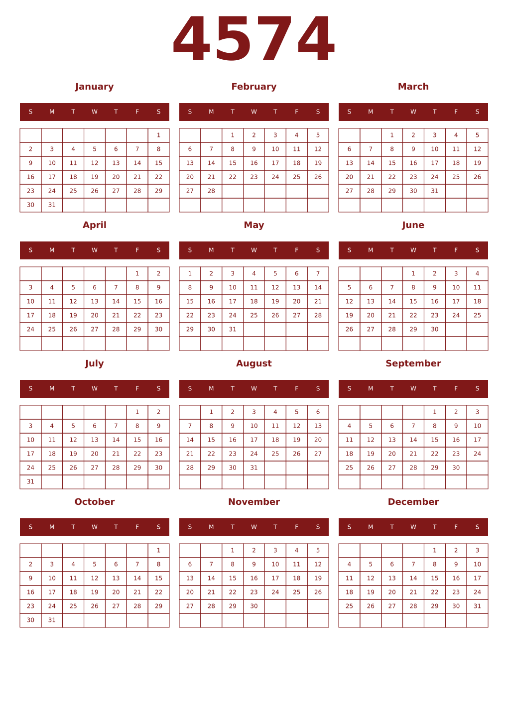 Printable 4574 Year Calendars falu