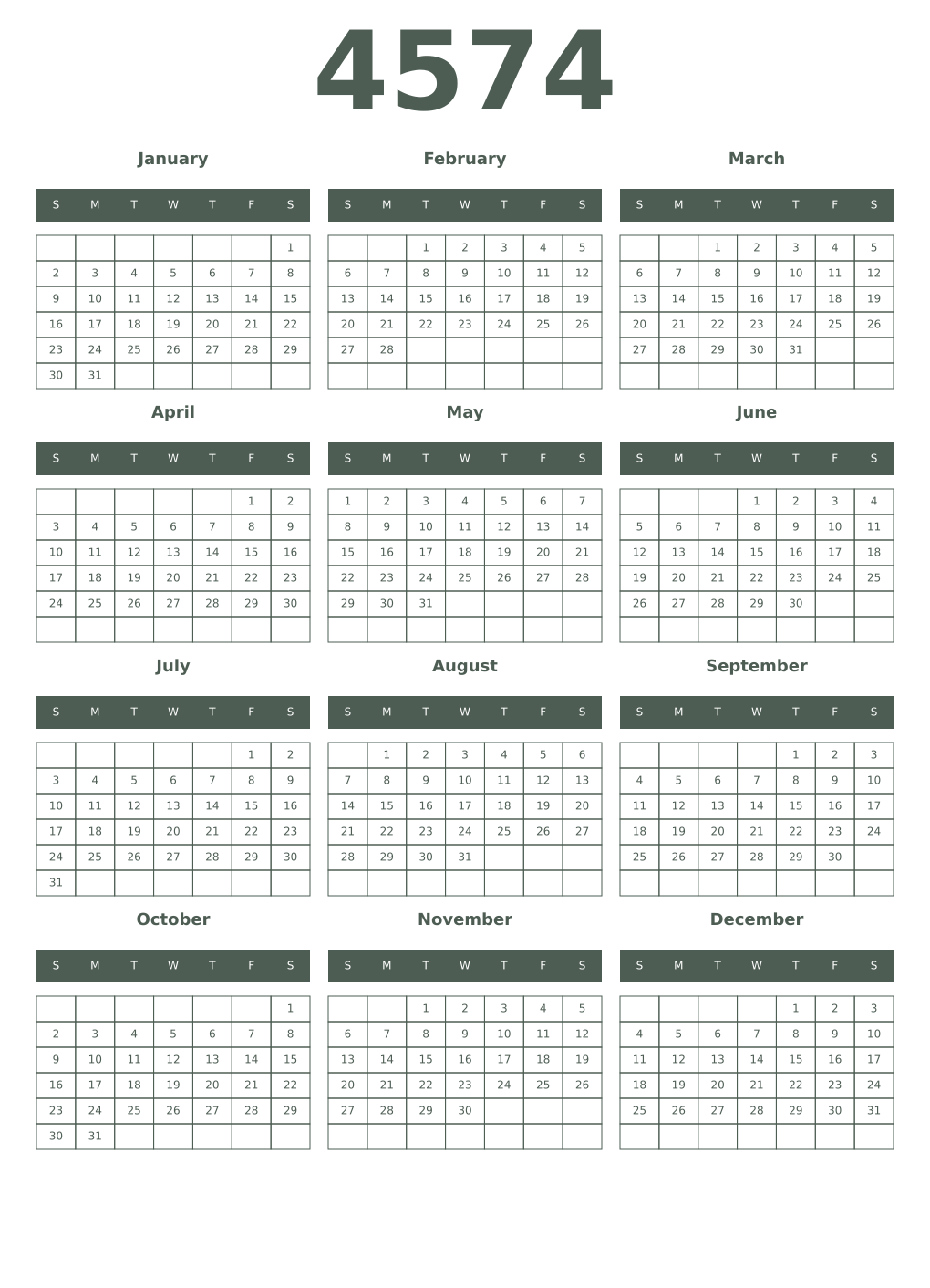 Printable 4574 Year Calendars feldgrau