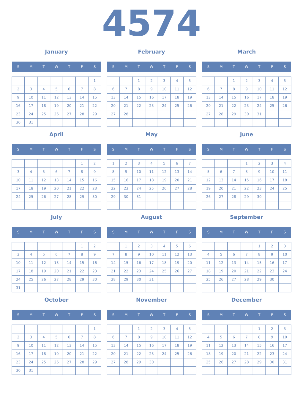 Printable 4574 Year Calendars glaucous