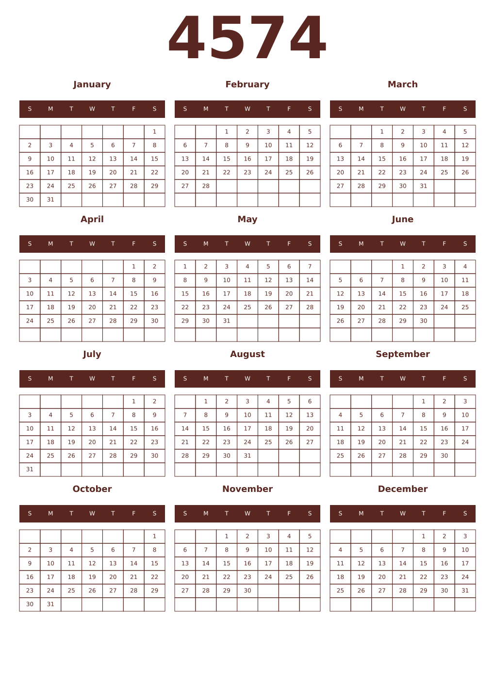 Printable 4574 Year Calendars mortuum
