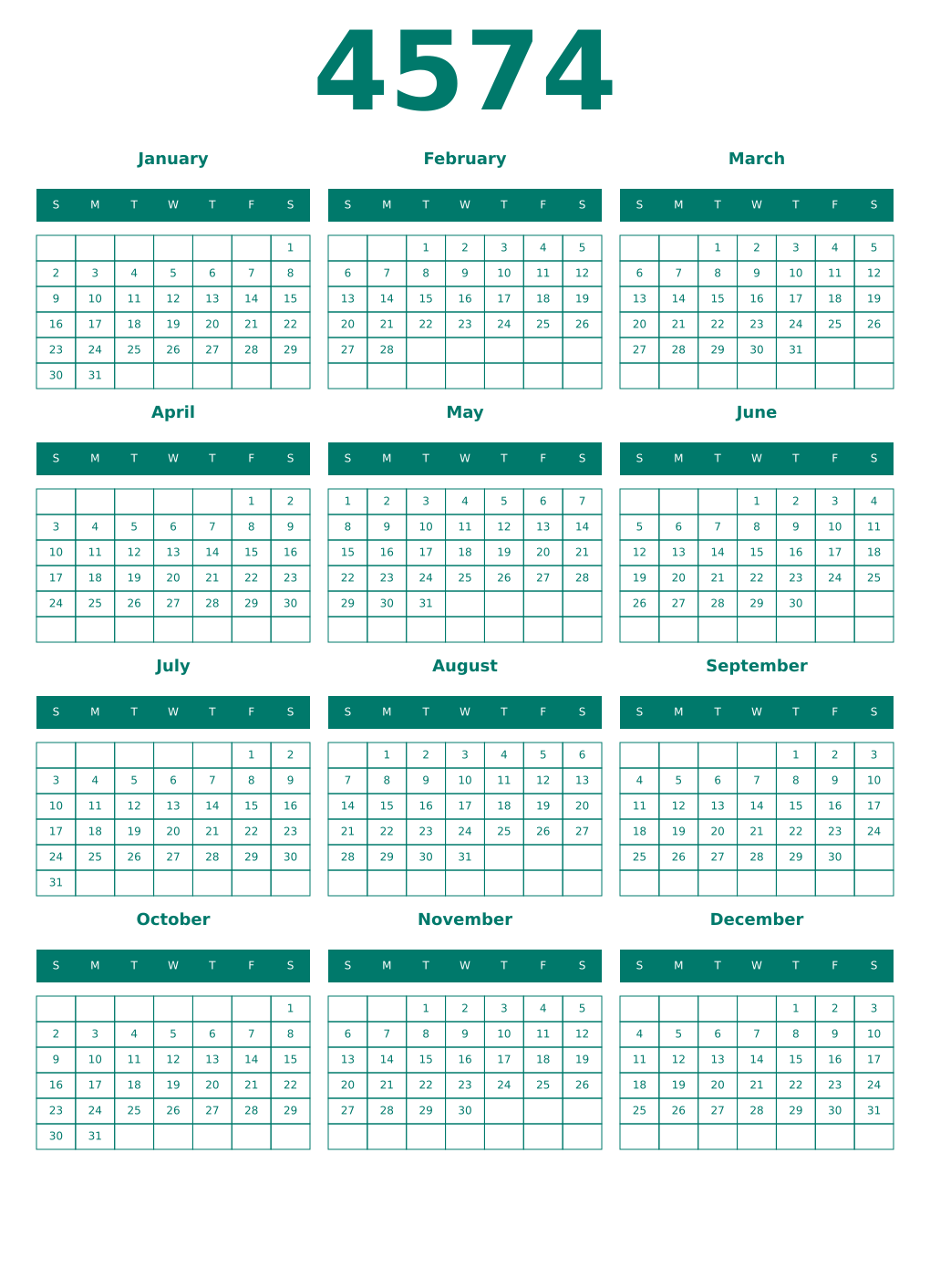 Printable 4574 Year Calendars pastel