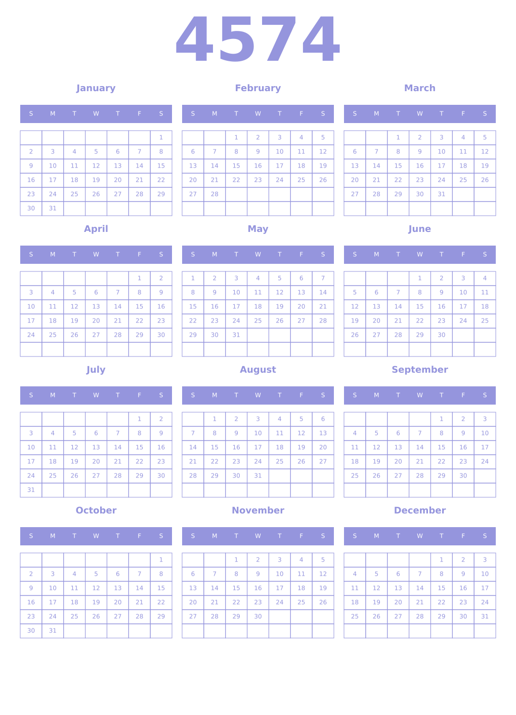Printable 4574 Year Calendars periwinkle