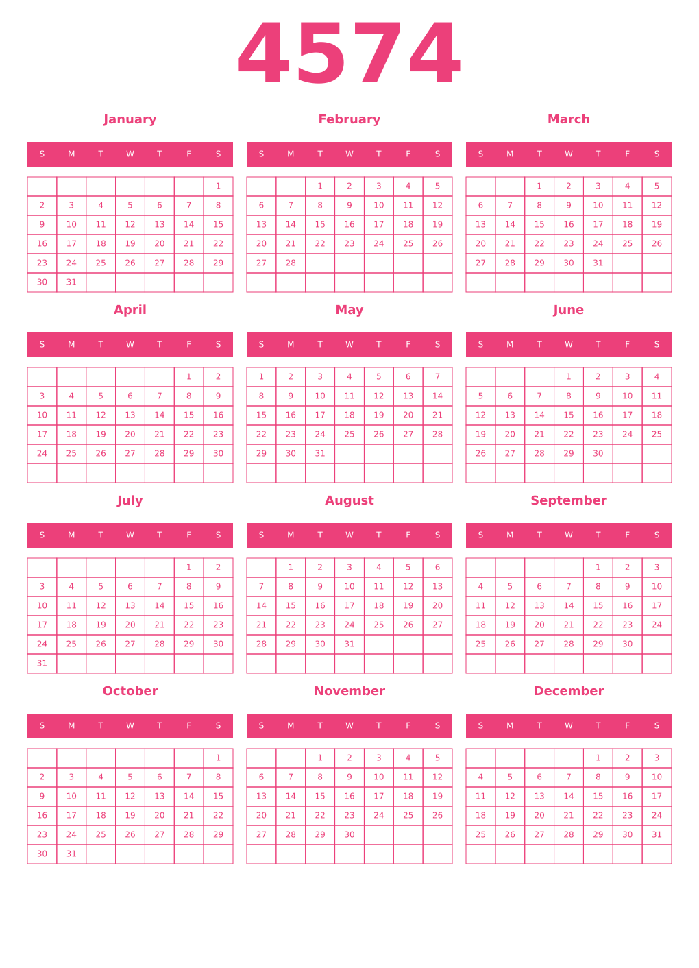 Printable 4574 Year Calendars pink