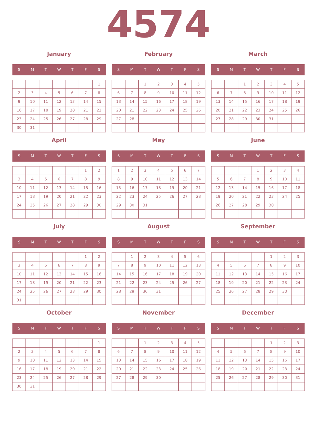 Printable 4574 Year Calendars puce