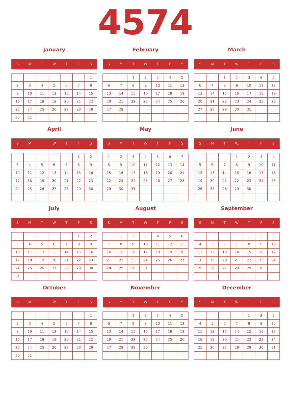 Printable 4574 Year Calendars red