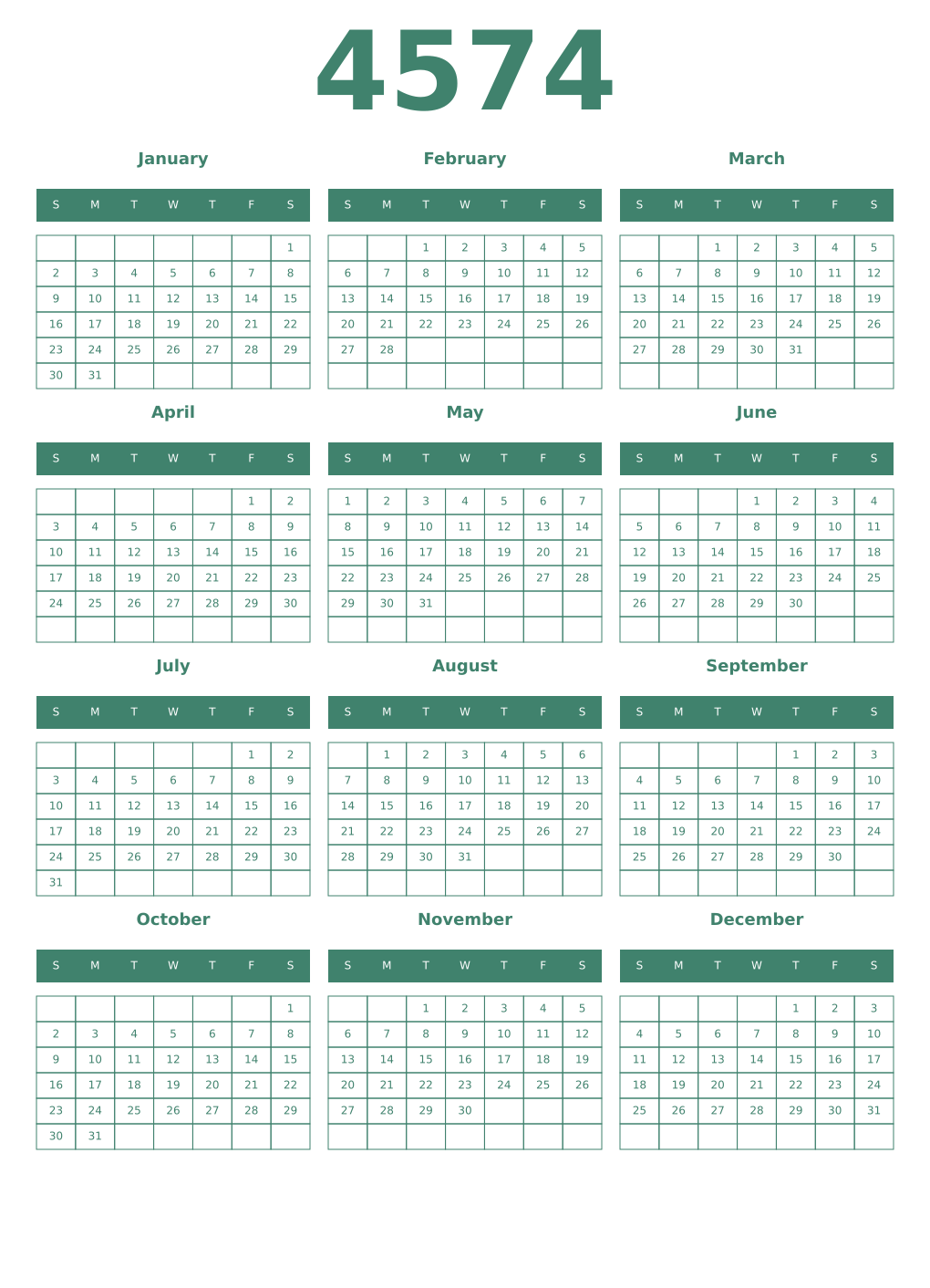 Printable 4574 Year Calendars viridian