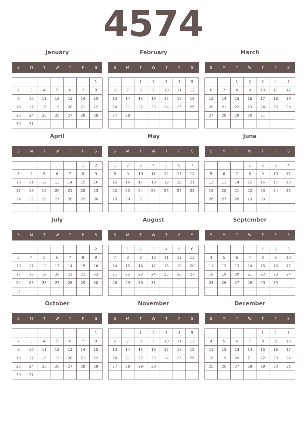 Printable 4574 Year Calendars wenge