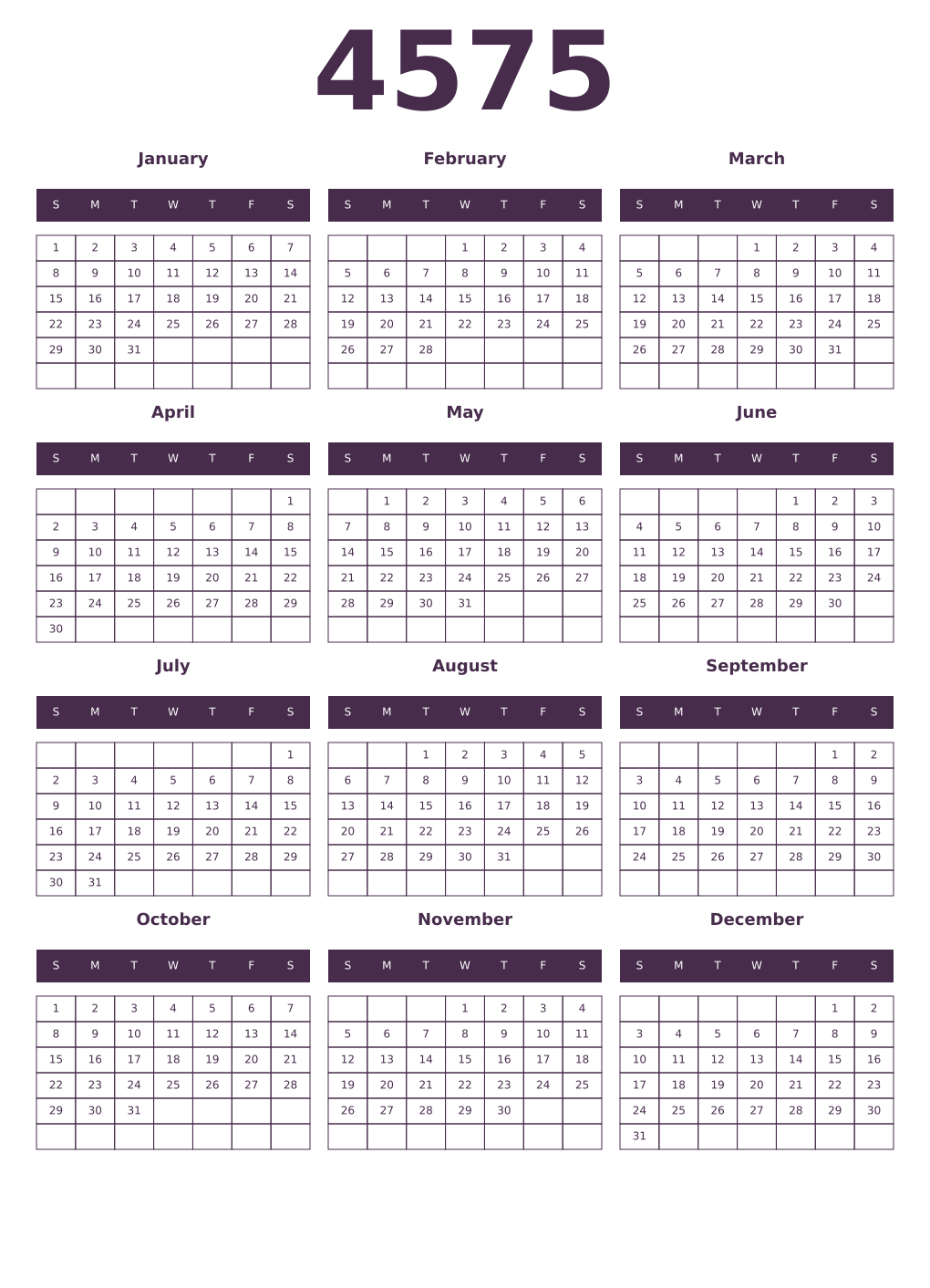 Printable 4575 Year Calendars aubergine