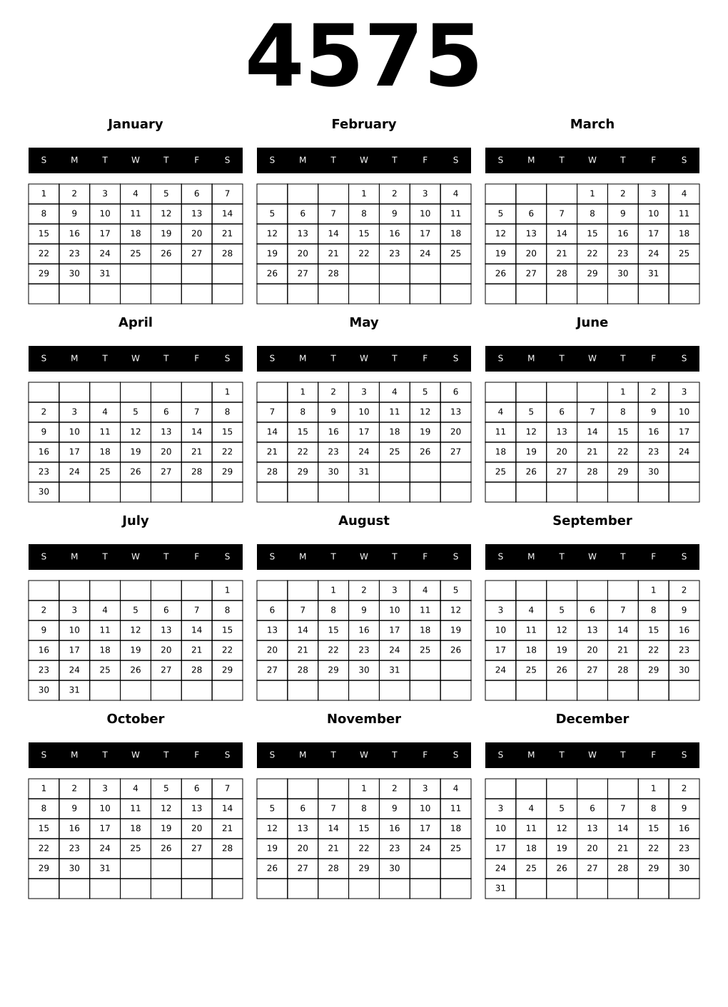 Printable 4575 Year Calendars black