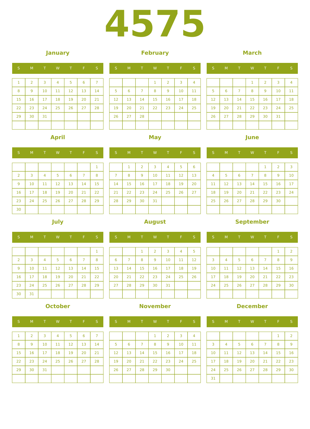 Printable 4575 Year Calendars chartreuse