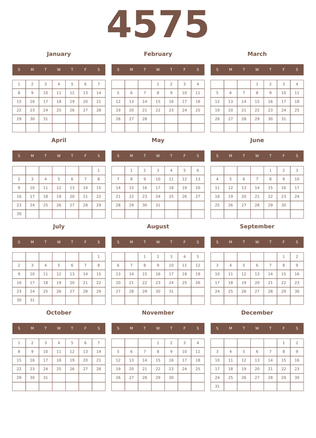 Printable 4575 Year Calendars coffe
